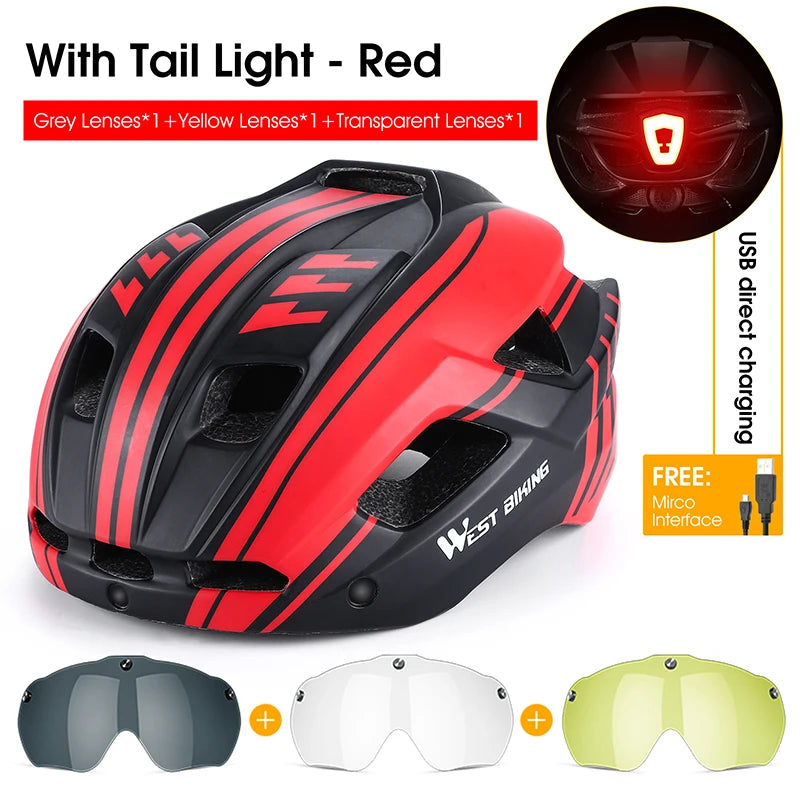 WEST BIKING Unisex Cycling Helmet with Taillight, Goggles, and Sun Visor – Safety Helmet for MTB, Road Bikes, and Motorcycles