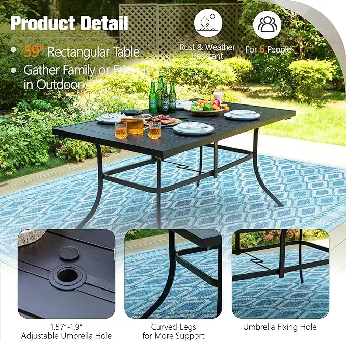 Rectangular Metal Outdoor Dining Table for 6 - Black Weather-Resistant Steel Slatted Patio Table