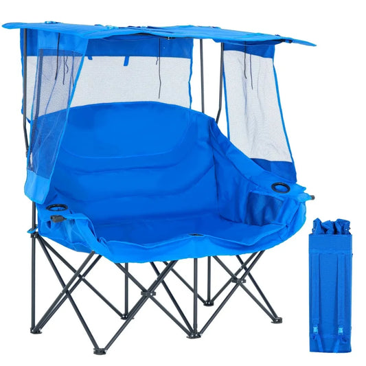 Oversized Double Camping Chair with Shade Canopy, 2 Person Folding Beach Chair with Cup Holder Carrying Bag, Heavy Duty Loveseat