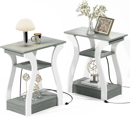 Set of 2 Modern End Tables with USB Ports & Outlets – 3-Tier Nightstands with Storage Shelves and Charging Station