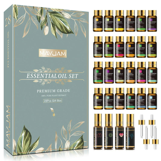 28-Piece Pure Natural Essential Oils Gift Set for Massage, Shower, Diffuser - Lavender, Vanilla, Sage, Jasmine, Rose - Stress Relief and Aromatherapy