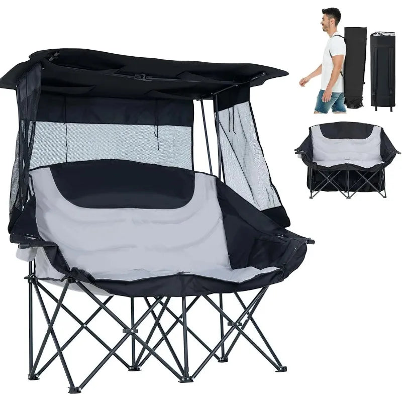 XXXL Double Camping Chair with Shade Canopy – Oversized 2-Person Folding Chair with Cup Holders, Heavy-Duty Outdoor Beach Seat + Carry Bag