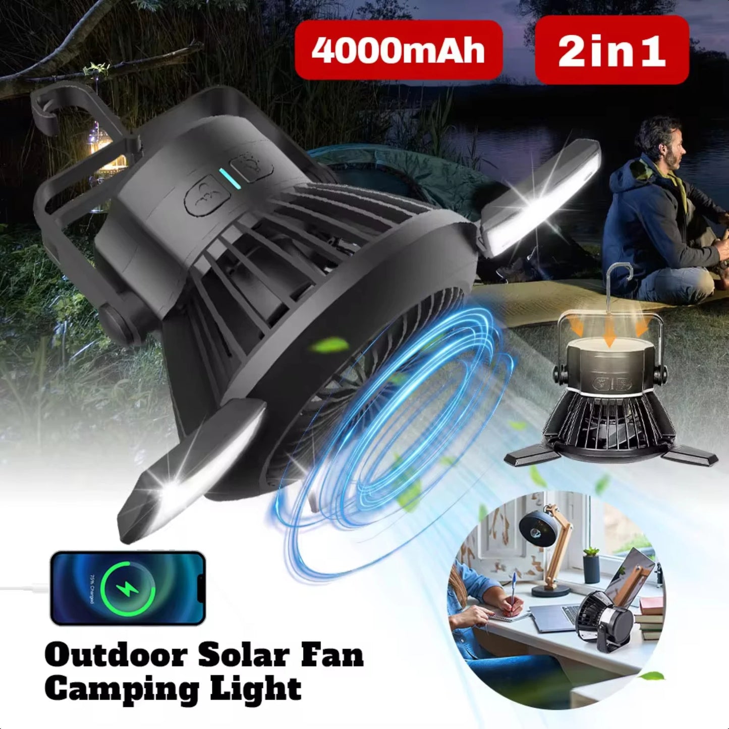 Portable Solar Powered Camping Fan – 4000mAh USB Rechargeable Tent Ceiling Fan with 4 Variable Speeds, Foldable Light, and Hook