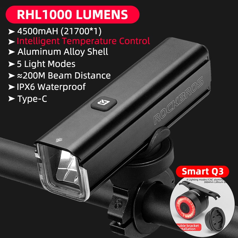 Illuminate Your Ride with ROCKBROS 1000LM Type-C Rechargeable Bicycle Front Light – Powerful LED, 4500mAh Battery, Waterproof Design