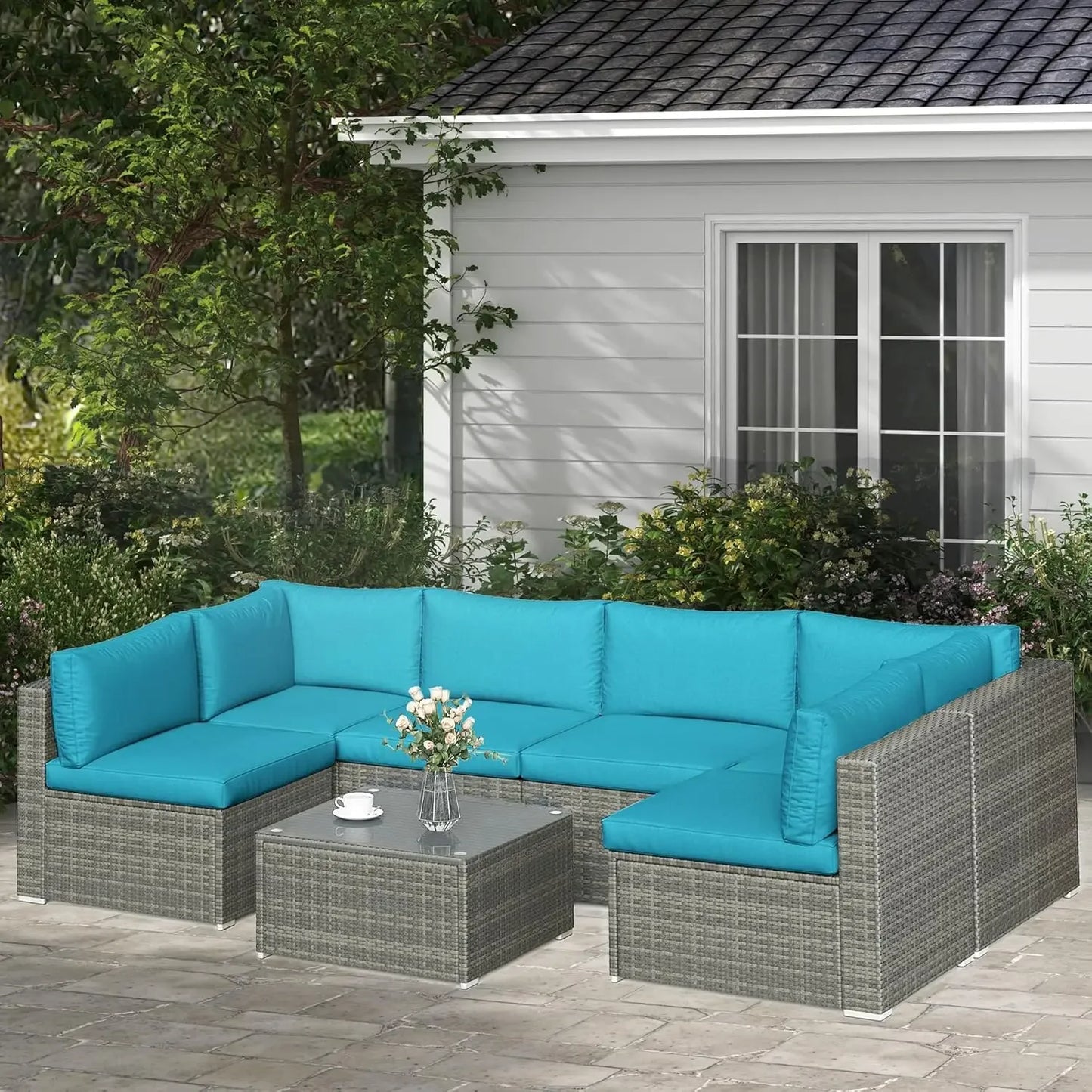 SUNVIVI OUTDOOR 7-Piece Patio Furniture Set – All-Weather Grey PE Wicker Sofa with Glass Table and Removable Blue Cushions