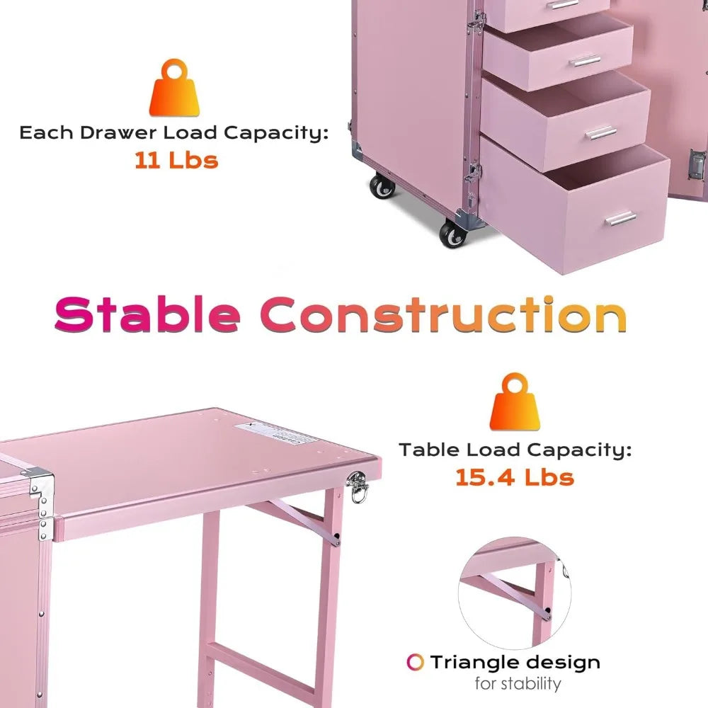 Foldable Rolling Manicure Table with Built-in Speaker: Nail Table and Makeup Train Case for Travel Storage and Organization