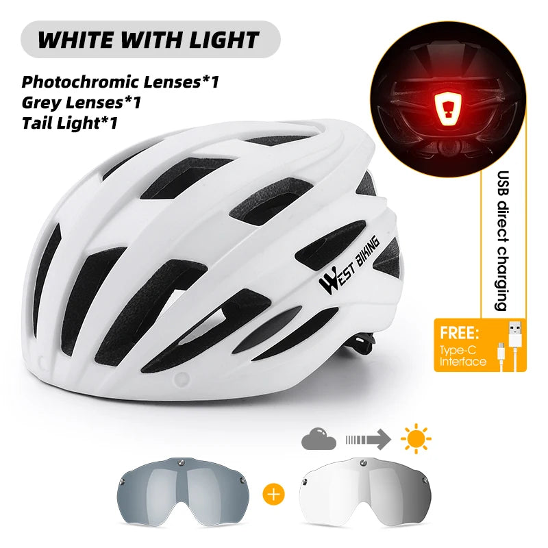 WEST BIKING Unisex Cycling Helmet with Taillight, Goggles, and Sun Visor – Safety Helmet for MTB, Road Bikes, and Motorcycles