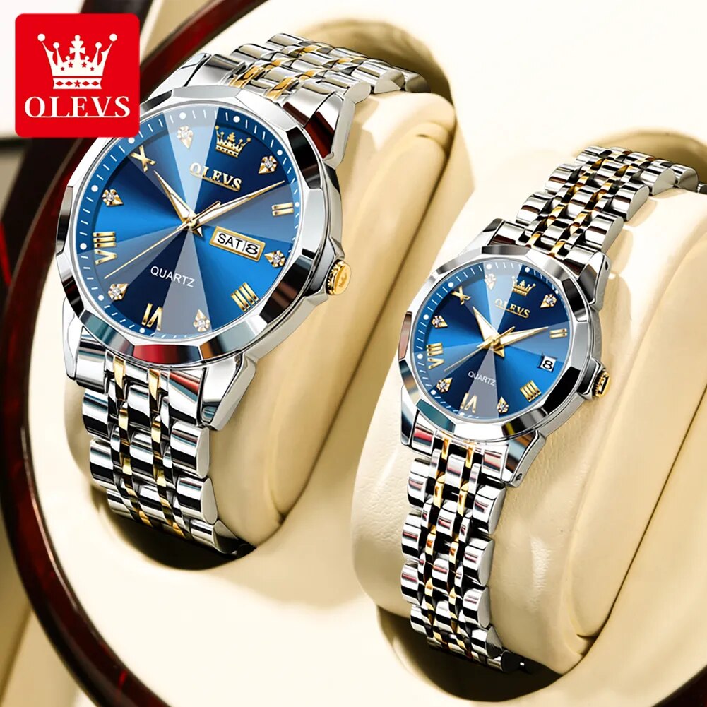 OLEVS Rhombus Mirror Couple Watches: Luxury Quartz, Waterproof, Luminous, Date & Week for Him and Her