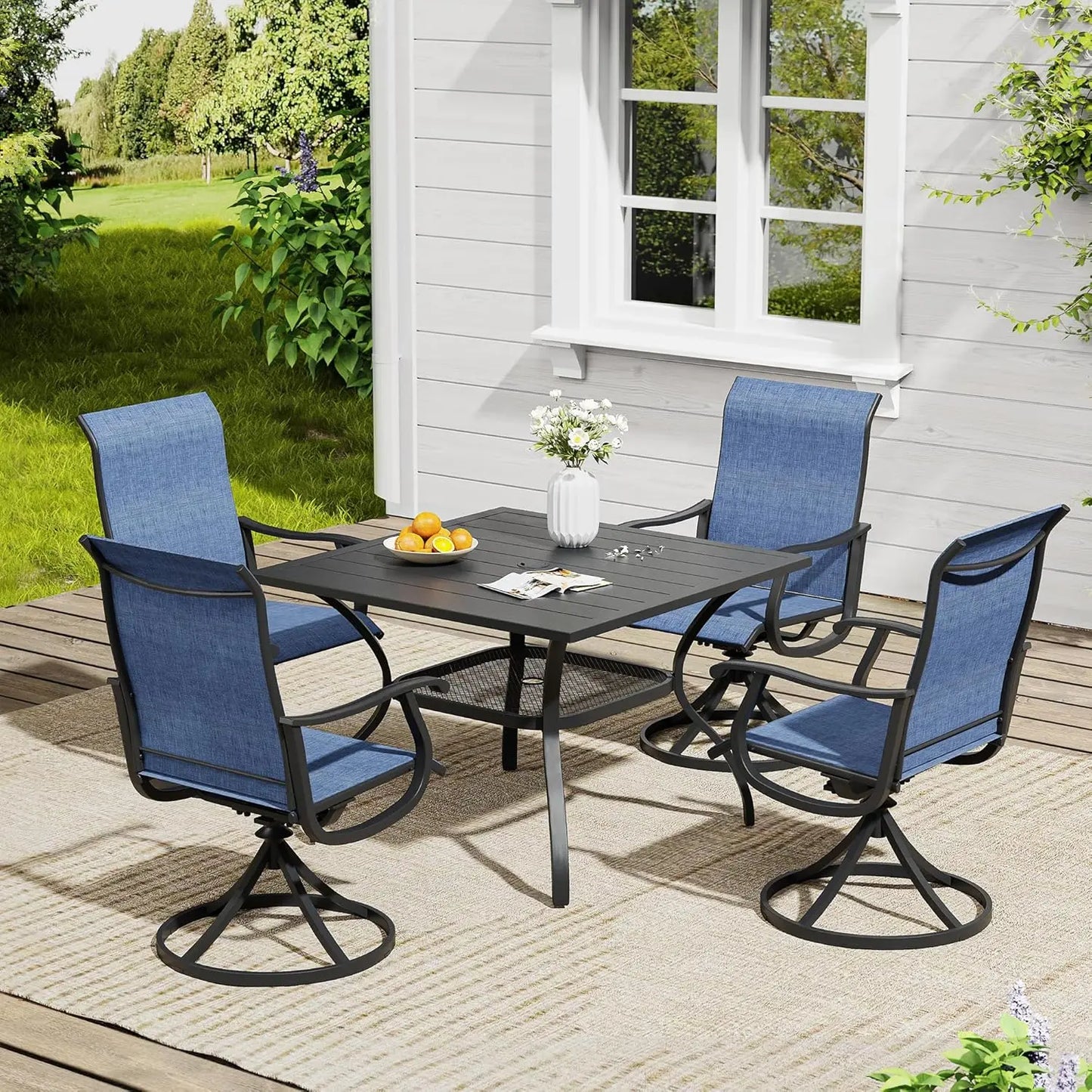 6-Piece Outdoor Patio Dining Set – Swivel Chairs & Rectangular Table with Built-In Storage Shelf