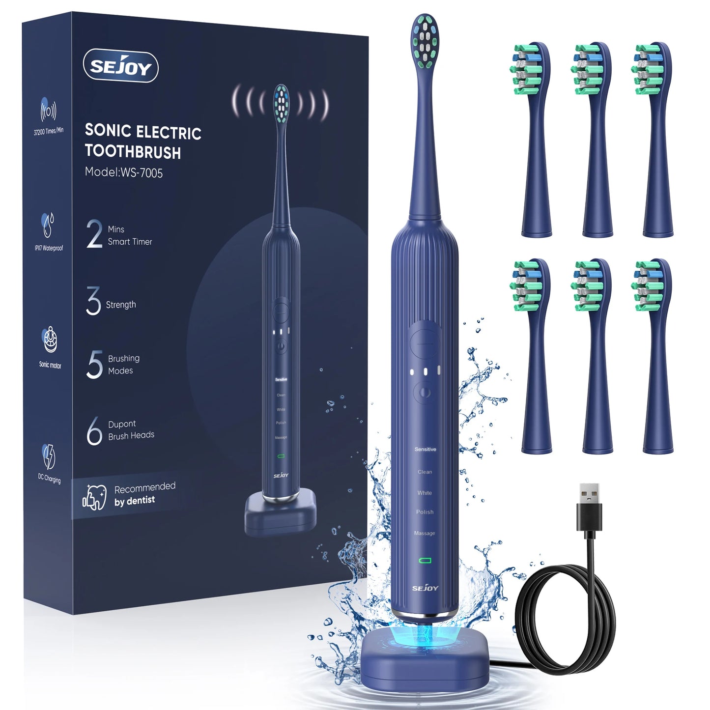 Toothbrush – Rechargeable Ultra Whitening Electric Brush with 8 Heads, Wireless Charging, 5 Modes & Smart Timer