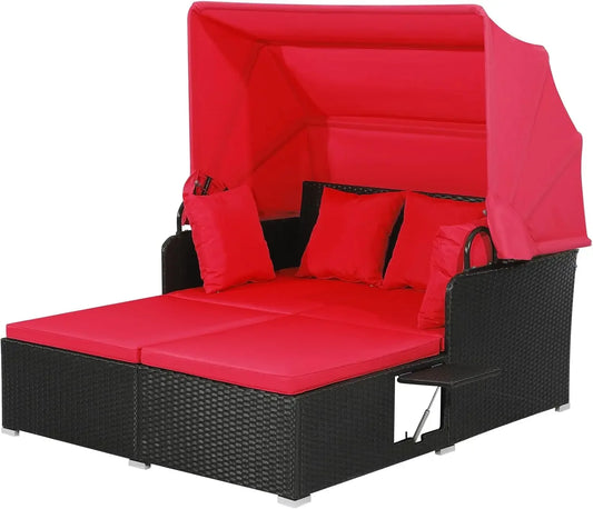 Relax in Style: Hand-Woven Outdoor Daybed with Canopy & Built-In Side Tables