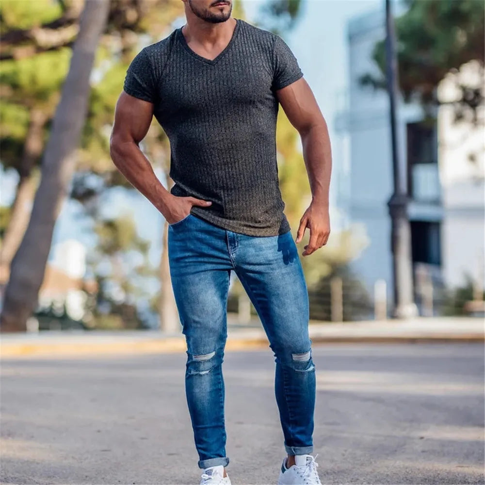 Stay Fashionable in 2024: Men's V-Neck Slim Fit Sports T-Shirt