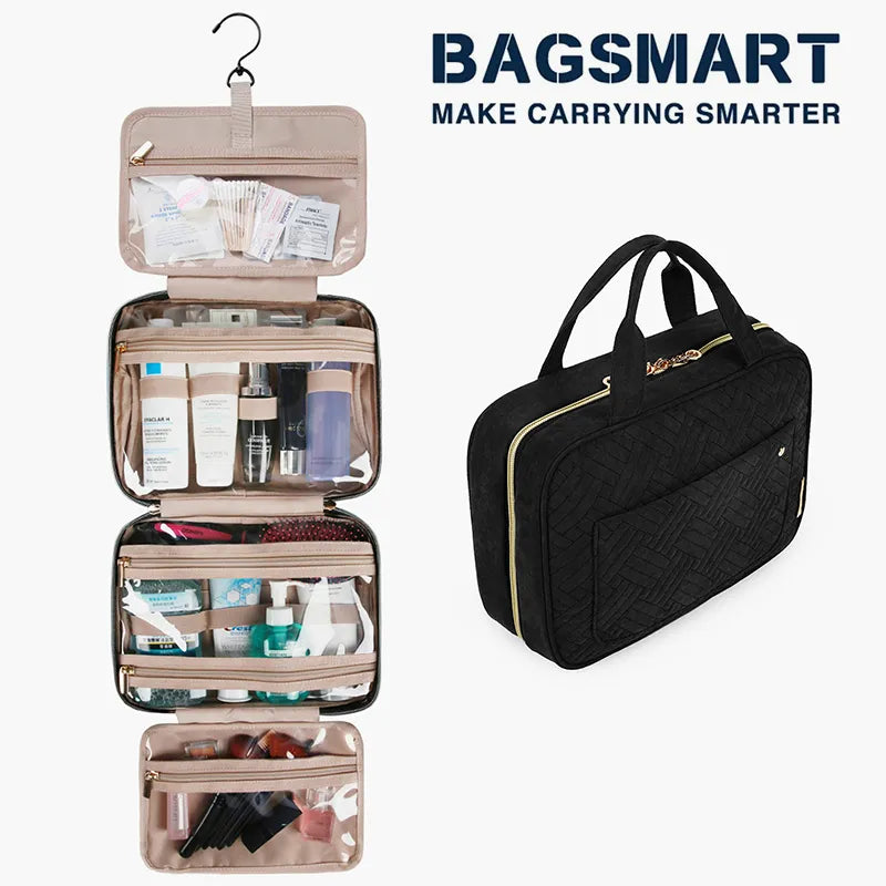 BAGSMART Cosmetic Makeup Bag: Water-Resistant Travel Organizer with Hanging Hook for Women's Full-Sized Toiletries