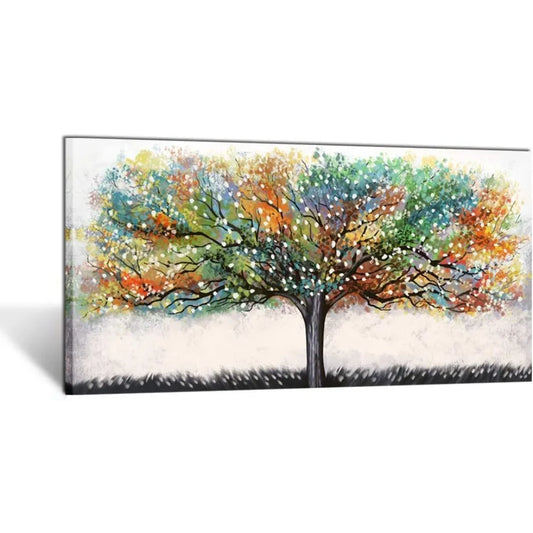 Large Abstract Canvas Wall Art – Colorful Trees Landscape Giclee Print, Framed Artwork for Living Room Decor