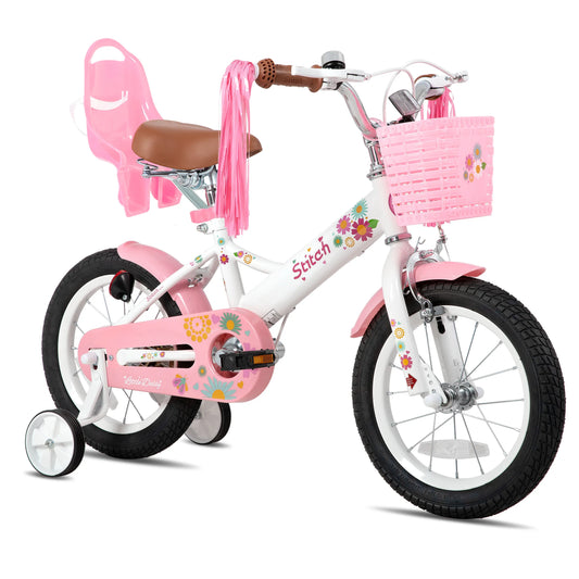 Kids Bike with Training Wheels – 12", 14", 16" Sizes for Ages 2–7, Fun Design with Doll Seat, Streamers or Flag & Name Plate
