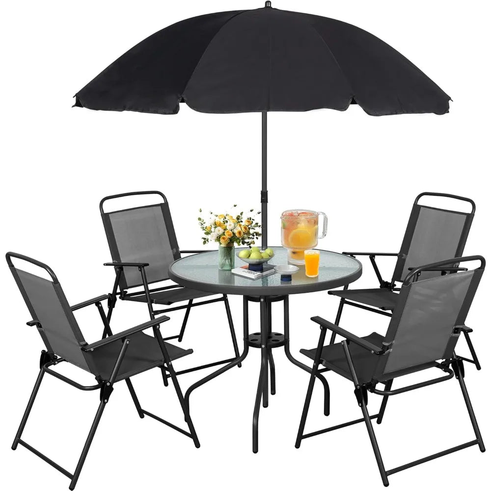 6-Piece Folding Patio Dining Set – Small Metal Outdoor Table and Chair Set with Umbrella for Lawn, Deck, and Backyard in Black