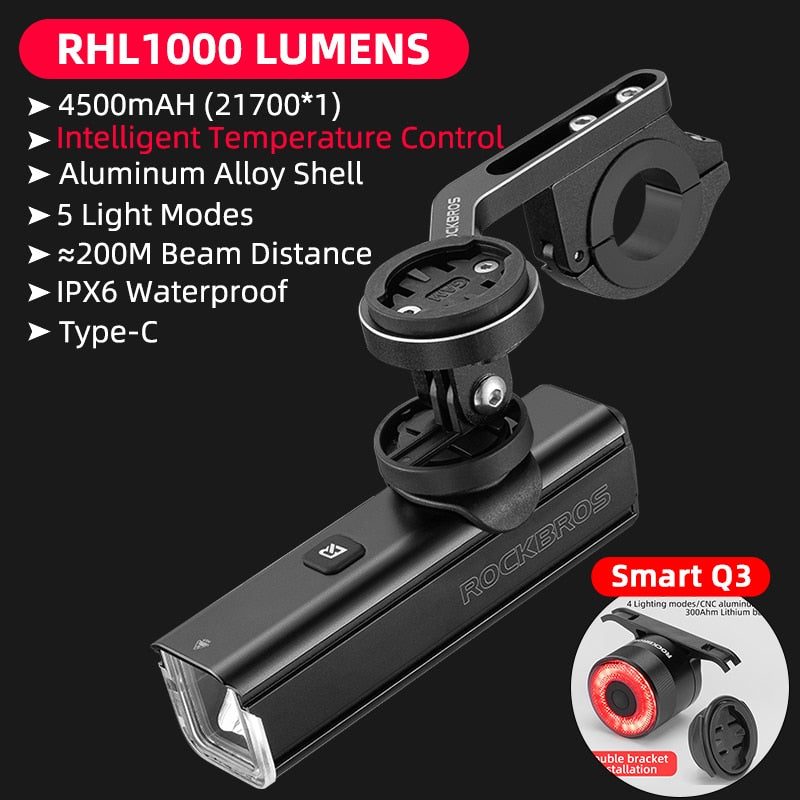 Illuminate Your Ride with ROCKBROS 1000LM Type-C Rechargeable Bicycle Front Light – Powerful LED, 4500mAh Battery, Waterproof Design