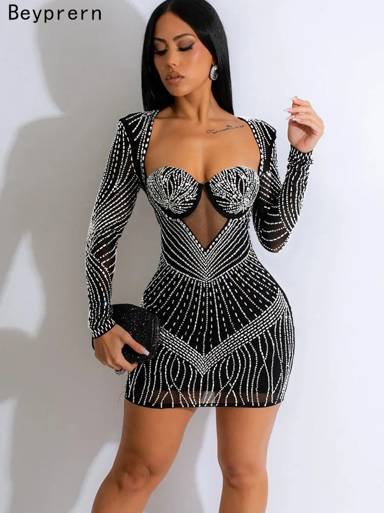 Stunning Black Rhinestone Padded Mini Dress - Turn Heads in This Dazzling Party Outfit for Birthdays & Nights Out!