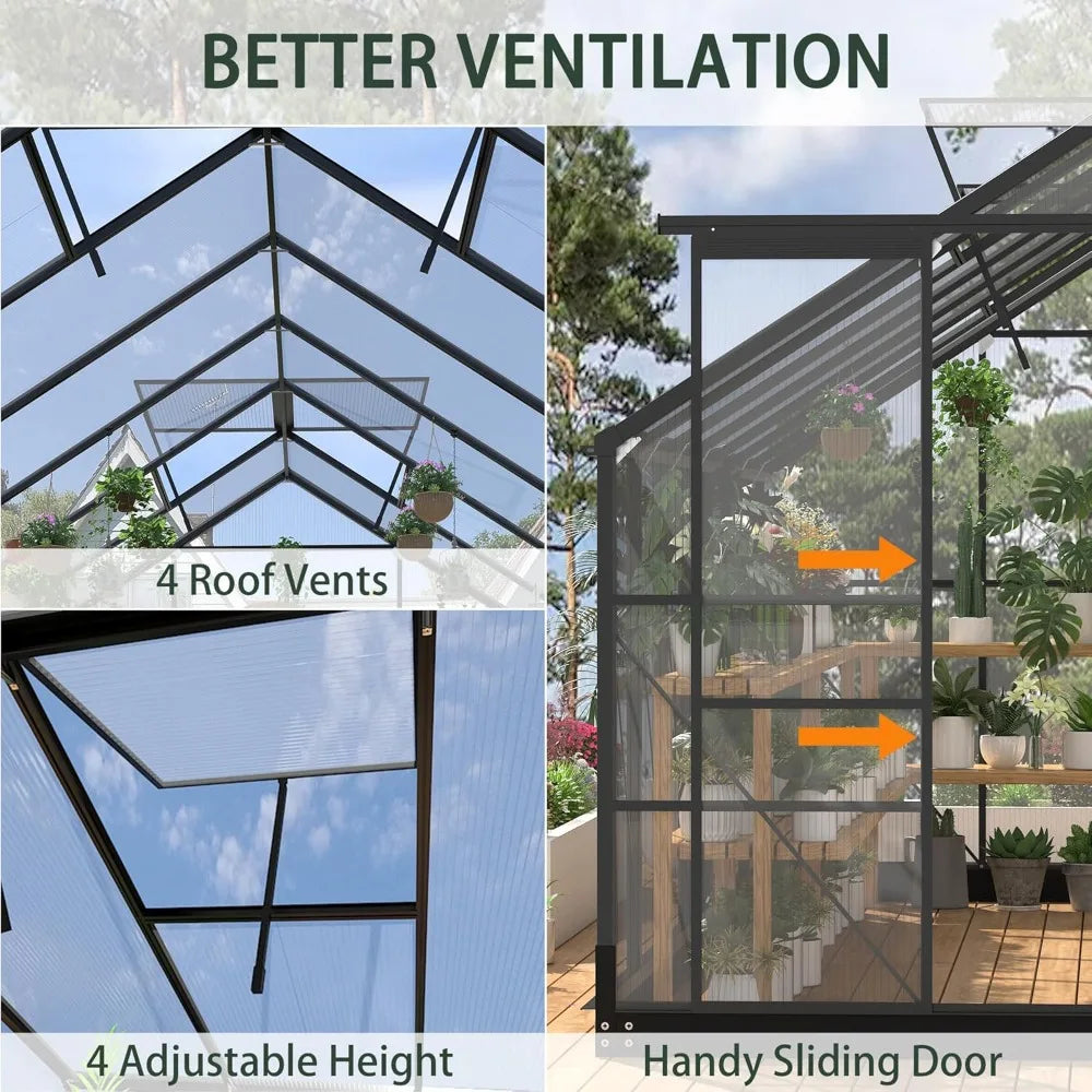 8x16 FT Polycarbonate Walk-In Greenhouse with Adjustable Roof Vents – Aluminum Frame, Weather-Resistant Outdoor Garden Shelter