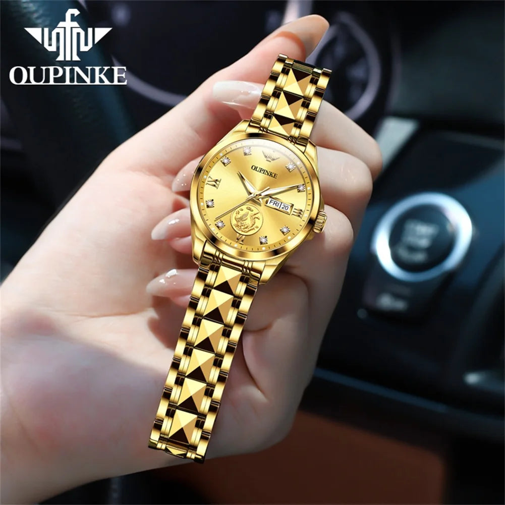 Luxury Women's Automatic Watch: Real Gold, Phoenix Inlaid, Swiss Luminous Waterproof Mechanical Wristwatch