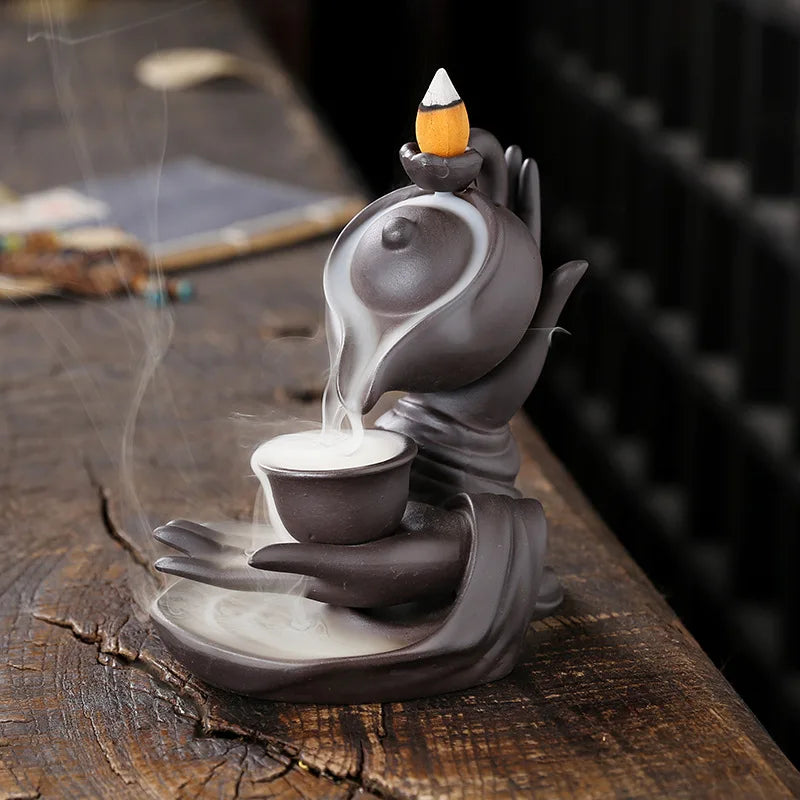 Elevate Your Space with Zen Décor: Lotus Tea Ceremony Backflow Incense Burner and Candle Holder - Enhance Your Home with Creative Meditation Buddha Hand Design