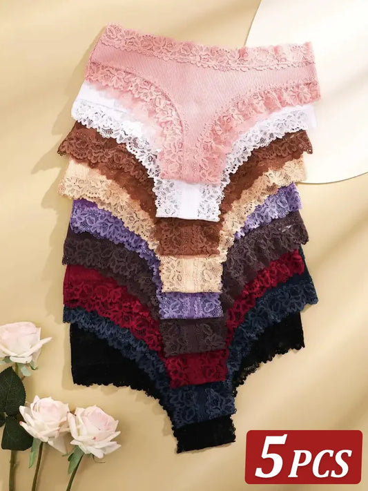 5Pcs Women’s Cotton Lace Panties Set – Soft Floral Patchwork Briefs Underwear Lingerie (S-XL)