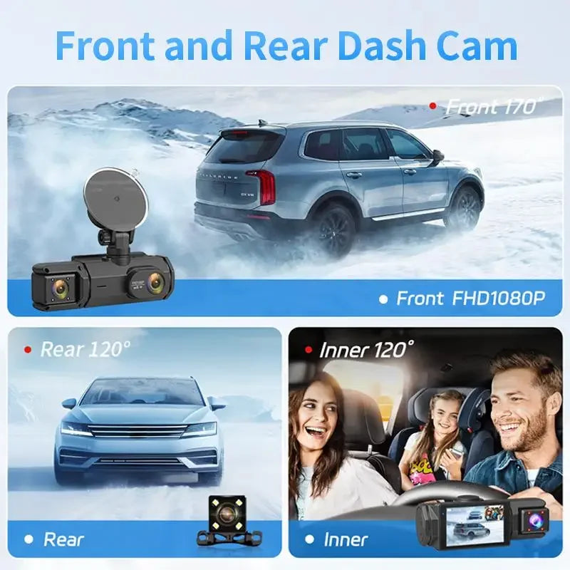 WiFi 3-Channel Car Dashcam, 1080P, 32GB Card, 2.0" IPS Screen, 170° Wide Angle, WDR, Night Vision, 24H Parking Mode