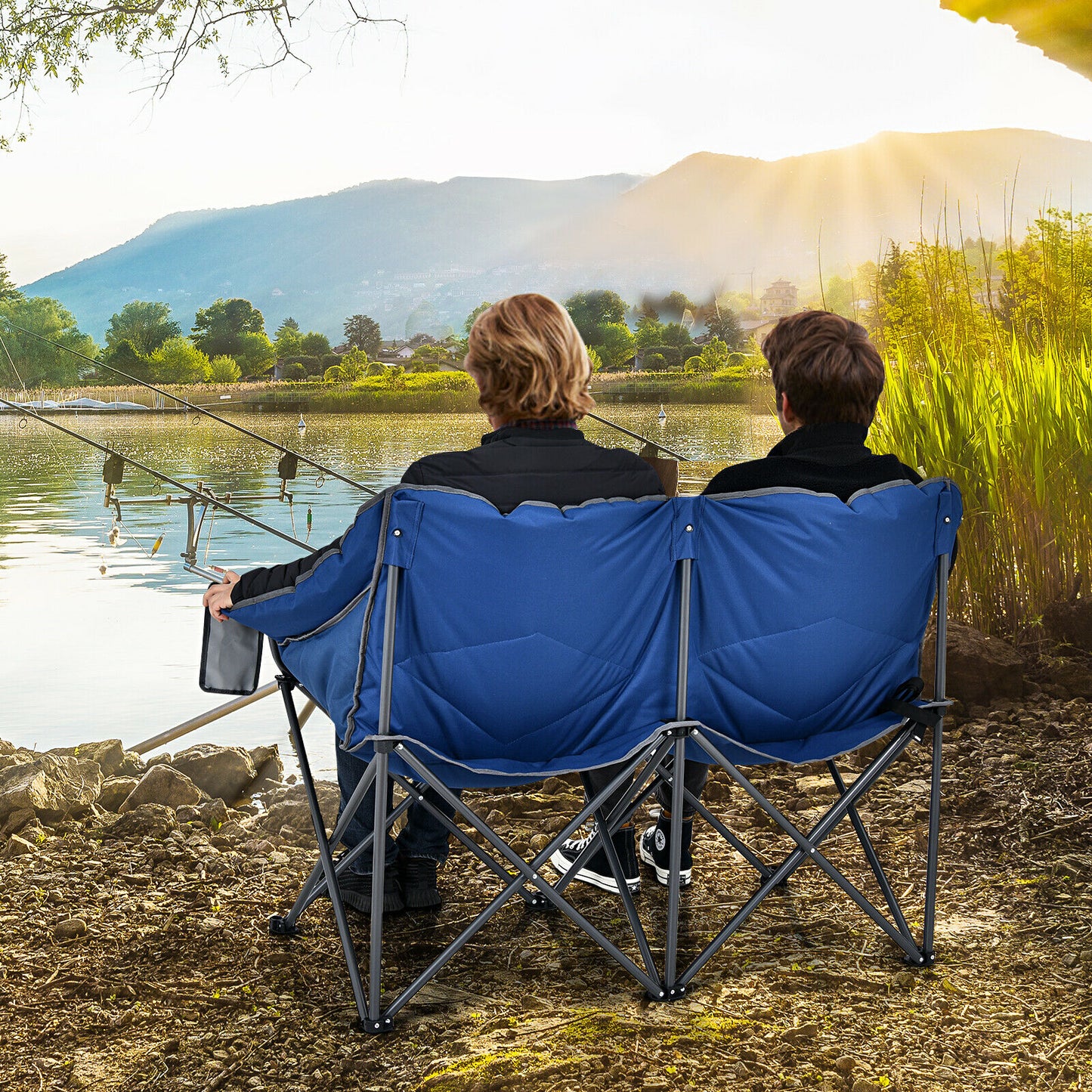 Elevate Your Camping Experience with the Patio Joy Folding Loveseat Double Seat Chair: Includes Bags and Padded Backrest (Model OP70772BL)