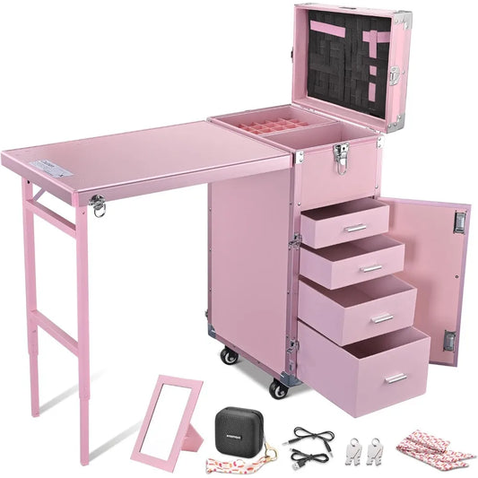 Foldable Rolling Manicure Table with Built-in Speaker: Nail Table and Makeup Train Case for Travel Storage and Organization