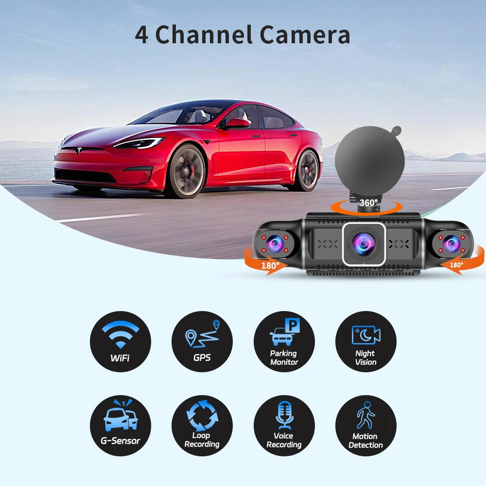360° Protection on the Road: 4-Lens Dash Cam with WiFi, GPS & Free 64GB Storage