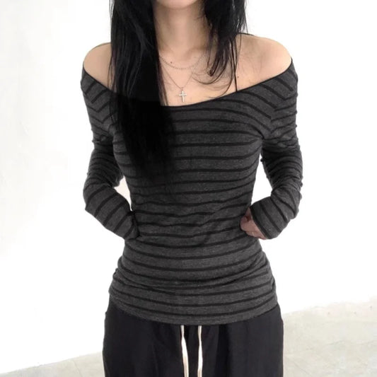Y2K Grunge Striped Off-Shoulder Long Sleeve Top – Vintage 00s Emo Goth Aesthetic Tee for Women