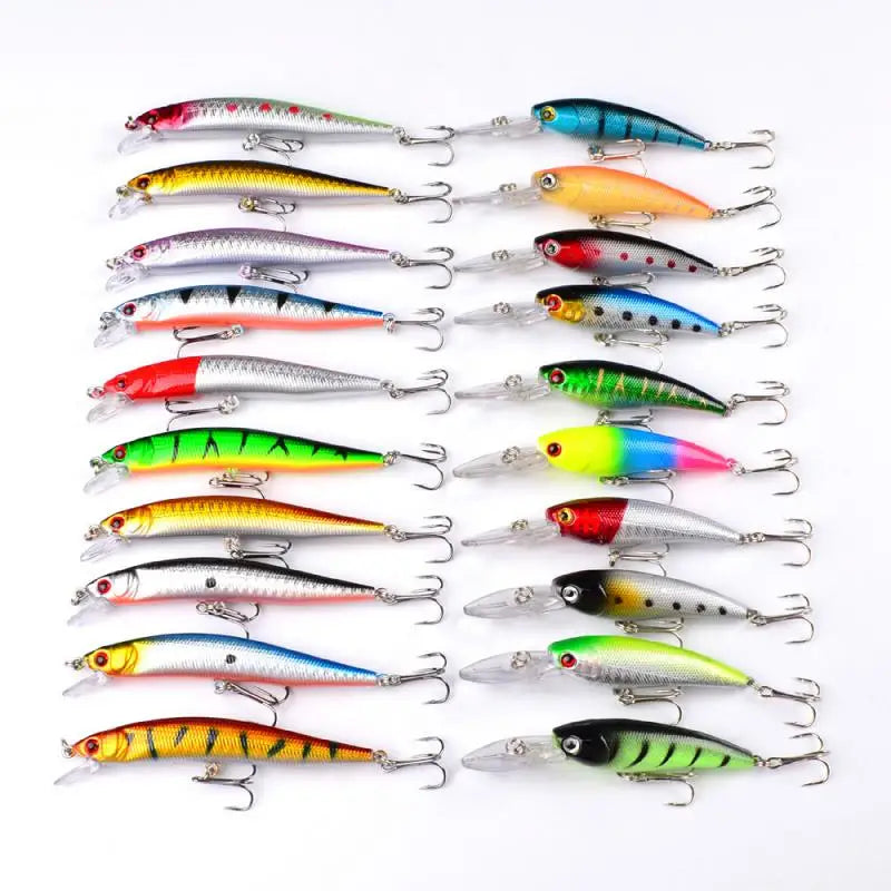 Complete Fishing Lure Tackle Kit: 20-Piece Set of Hard Bait Artificial Rotating Floating Minnow Crankbait, Wobblers, Spinners, and Sinking Hooks