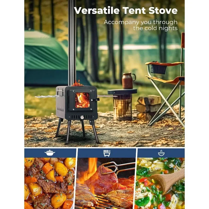 Portable Tent Wood Stove – Wood Burning Camping Stove with 7-Section Chimney Pipes for Outdoor Adventures