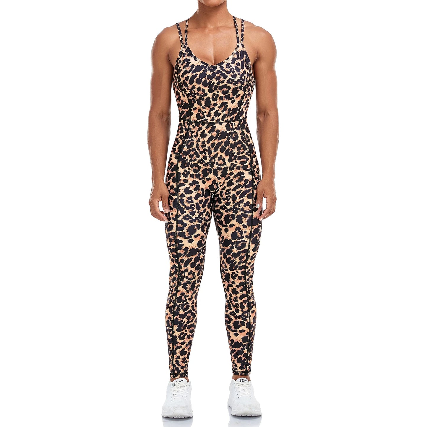 Leopard Backcross Yoga Set: Sexy Sleeveless One-Piece Jumpsuit with High-Waist Leggings – Perfect for Women!