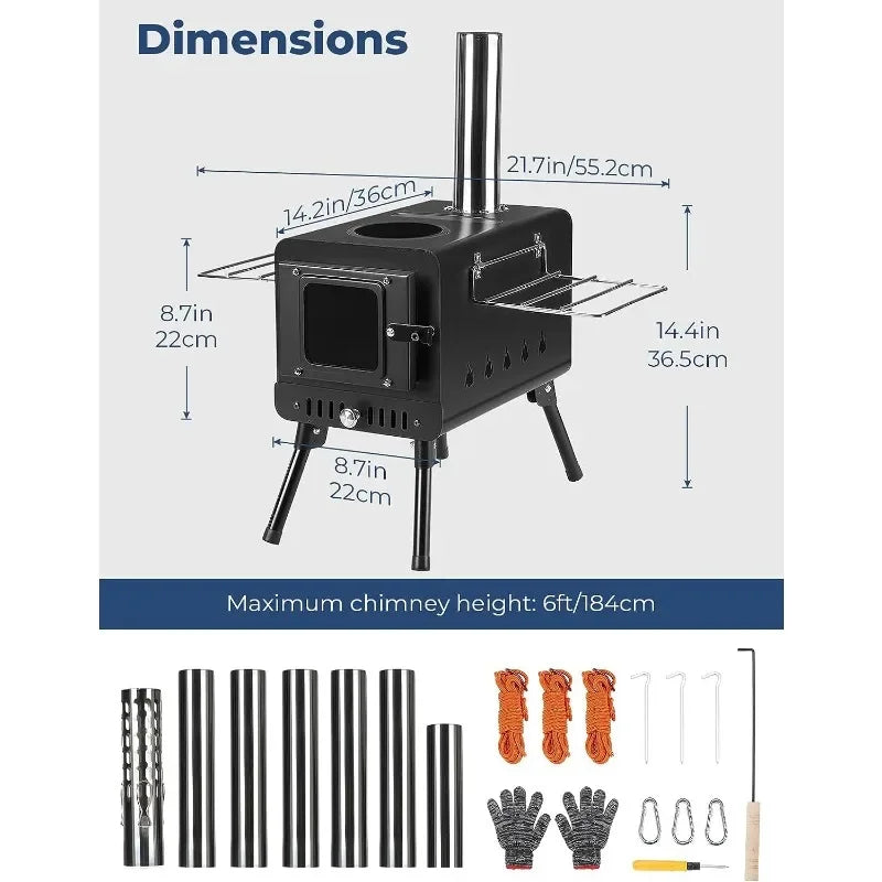 Portable Tent Wood Stove – Wood Burning Camping Stove with 7-Section Chimney Pipes for Outdoor Adventures