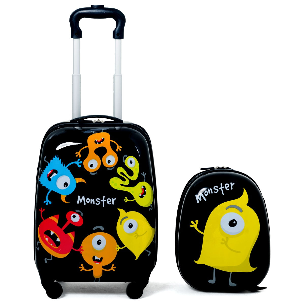 Young Travelers' Luggage Duo: 12'' Backpack and 16'' Rolling Trolley Suitcase with Fun Monster Theme