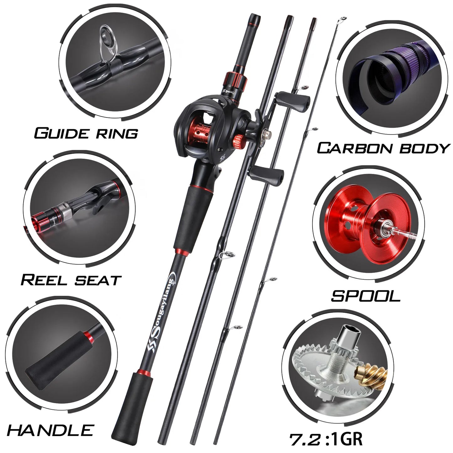 Sougayilang Carbon Fiber Fishing Rod and Baitcasting Reel Combo - 1.8~2.1m Casting Rod with 7.2:1 Gear Ratio and 10kg Max Drag for Bass Fishing