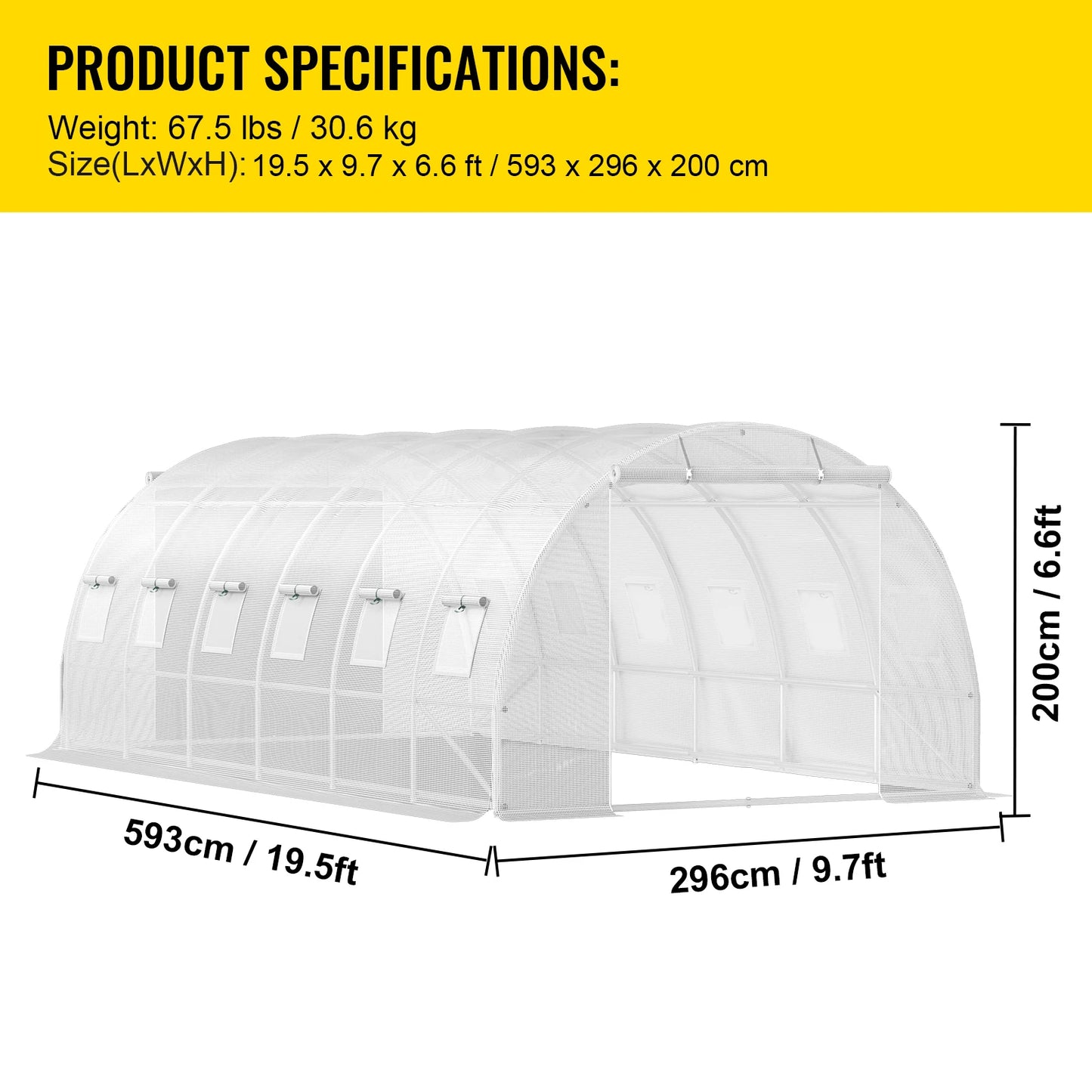 VEVOR 20x10x7 ft Walk-in Tunnel Greenhouse – Portable Design with 3 Top Beams, Diagonal Poles, 2 Zippered Doors, and 12 Roll-up Windows