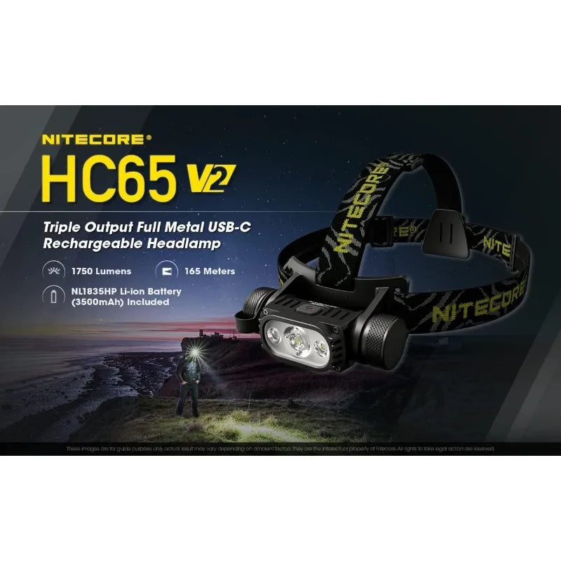 Nitecore HC65 V2 Headlamp – 1700 Lumen LED with Type-C USB Charging, Eco-Sensa, + Extra NL1835HP Battery