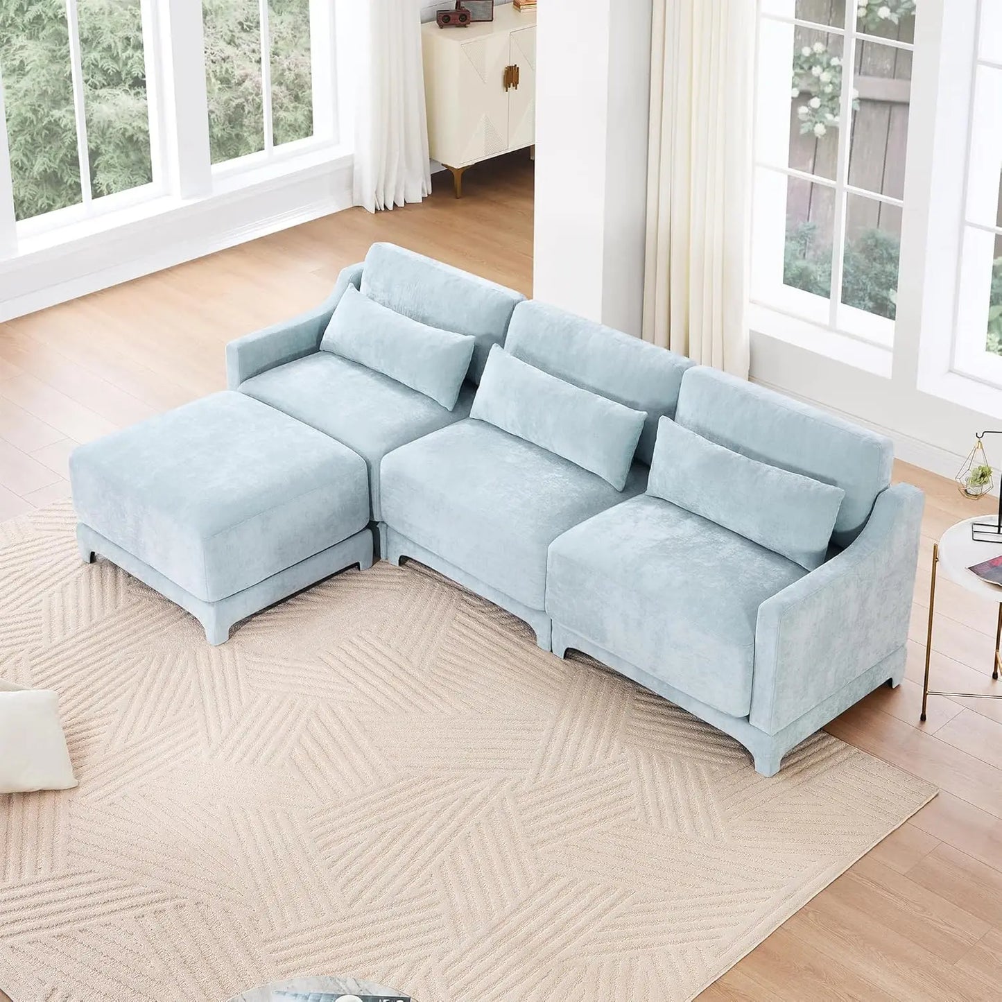 110" L-Shaped Modular Cloud Sectional Sofa with Ottoman – 3-Seat Chenille Deep Cushion Couch with Pillows for Living Room
