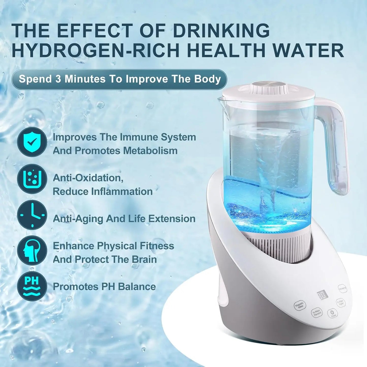 Water Pitcher: Balances pH Levels and Filters with Calcium Sulfite, Includes Hydrogen Water Generator