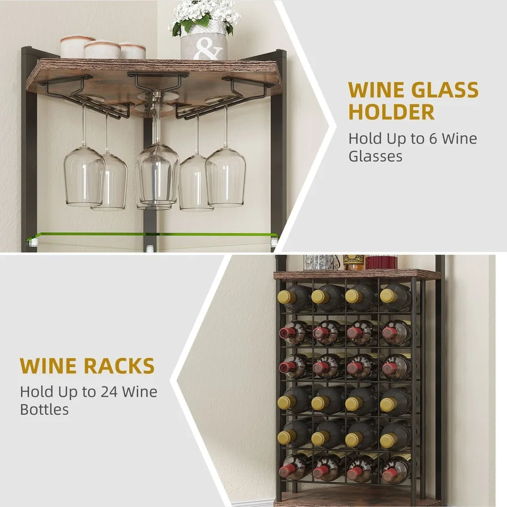 4-Tier Corner Wine Rack – Industrial Bar Cabinet with Glass Holder & Storage Shelves