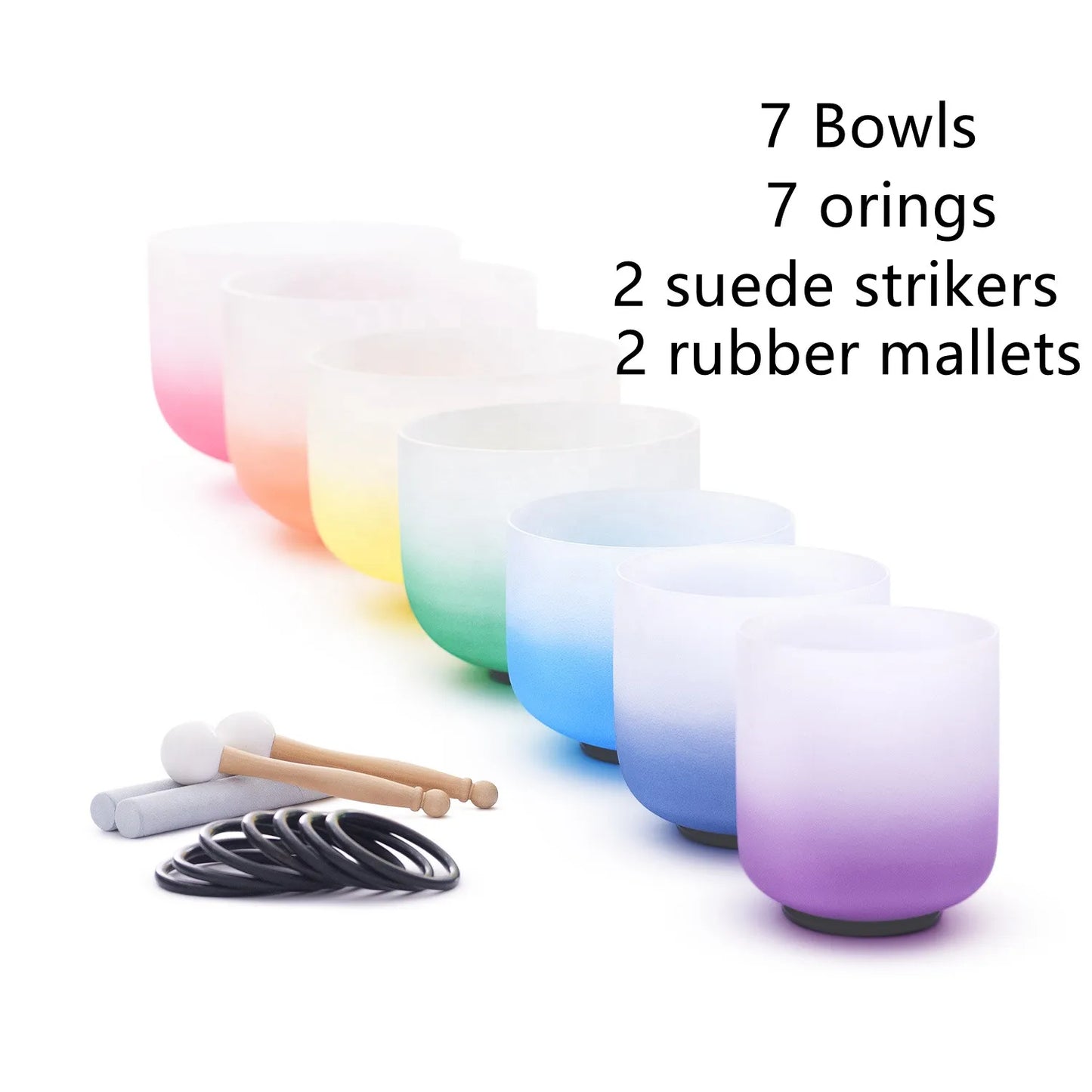 Chakra Frosted Quartz Crystal Singing Bowl Set – 7 Colorful Rainbow Bowls (6-12 Inch) – Free Shipping!