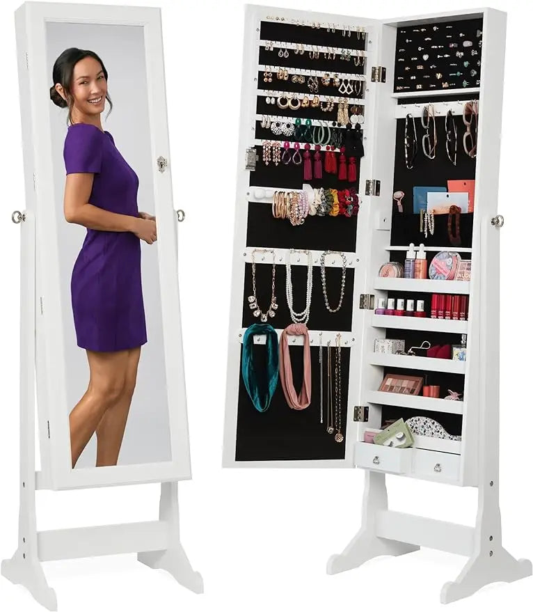 Freestanding Jewelry Armoire Cabinet with Full-Length Mirror – Lockable Storage Organizer with Velvet Interior & LED Lights
