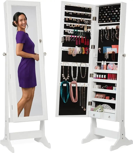 Freestanding Jewelry Armoire Cabinet with Full-Length Mirror – Lockable Storage Organizer with Velvet Interior & LED Lights