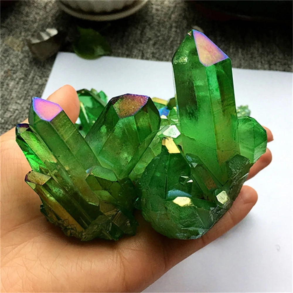 Aura Green Titanium Quartz Crystal Cluster – Natural Healing Gemstone Specimen for Energy & Decor