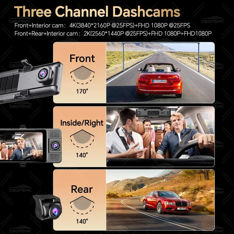 3-Channel 4K Car Dash Cam – UHD DVR with Triple Lens, GPS, 5G WiFi App, Night Vision & In-Car Monitoring