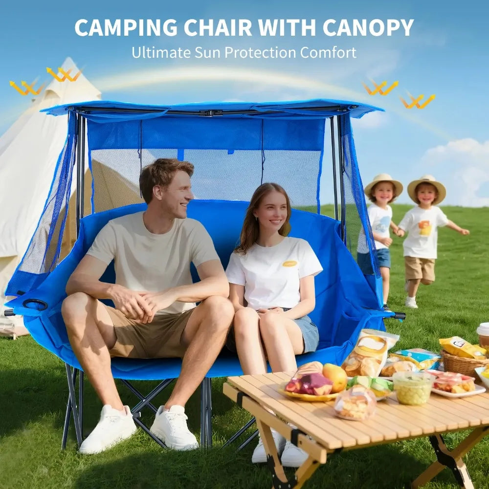 Oversized Double Camping Chair with Shade Canopy, 2 Person Folding Beach Chair with Cup Holder Carrying Bag, Heavy Duty Loveseat