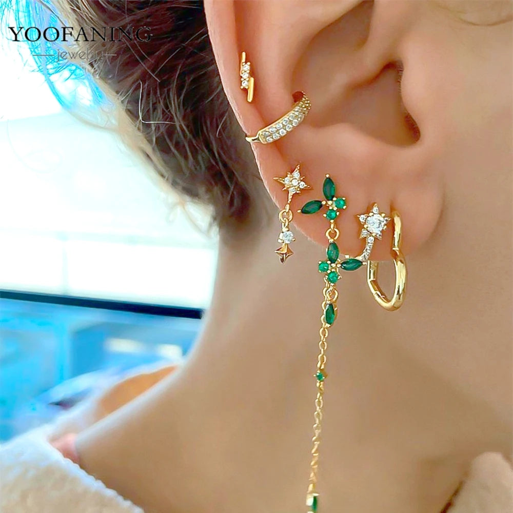 925 Sterling Silver Women's Earrings – Heart-Shaped Green Zircon Flower with Geometric Luxury Design