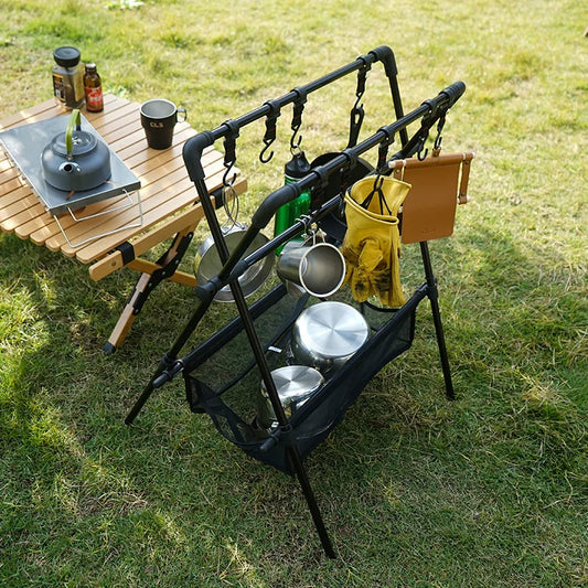 Aluminum Alloy Folding Camping Triangle Shelf - Double-Layer Hanging Rack with Hook and Net Bag for Outdoor Glamping and Picnics